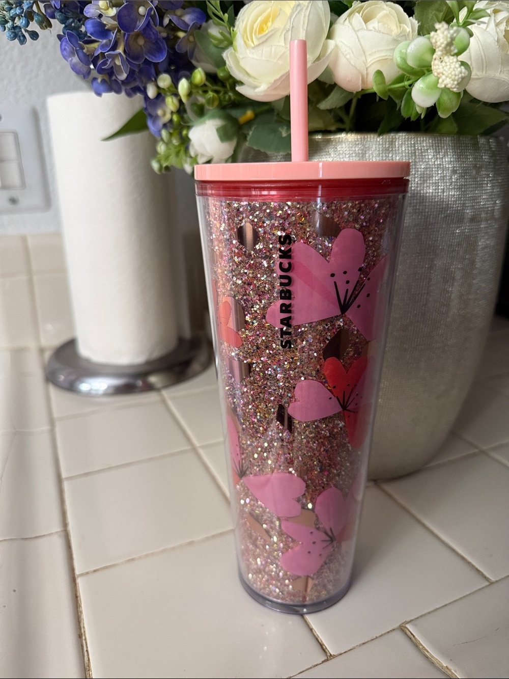 Starbucks Floral Glitter Tumbler with Straw